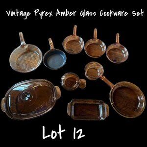 Vintage 12 Pc Corning Ware Vision Pyrex Set Saucepans & Skillets Amber New